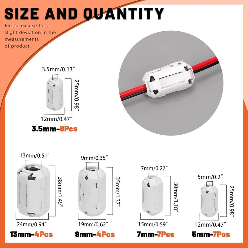 Tanstic 28Pcs White Clip-on Ferrite Ring Core RFI EMI Noise Suppressor Cable Clip for 3.5mm 5mm 7mm 9mm 13mm Diameter Cable - Image 2